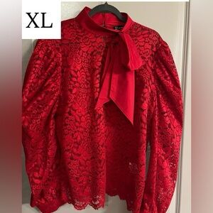 New York & Company Red Lace Blouse with Bow
